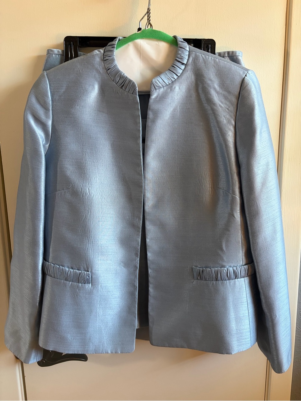 Kasper Light Blue Satin Suit - Collarless Blazer, Skirt and Blouse